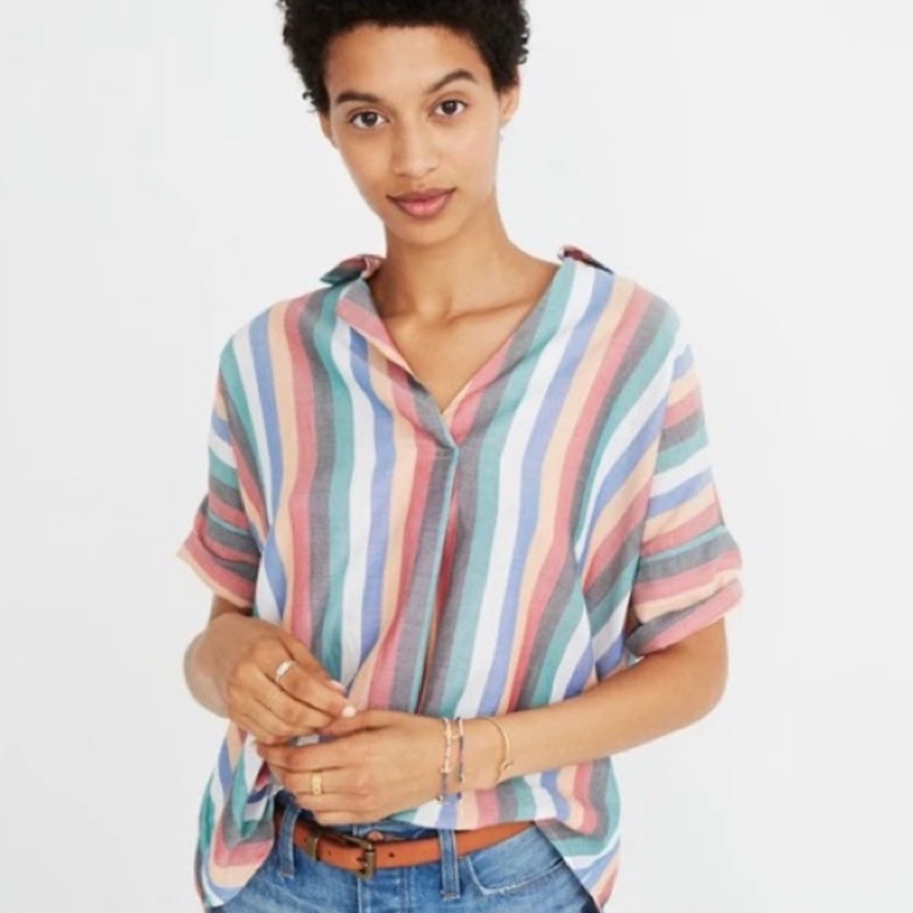 Madewell Multicolor Festival Striped Collared Courier Short Sleeve Top